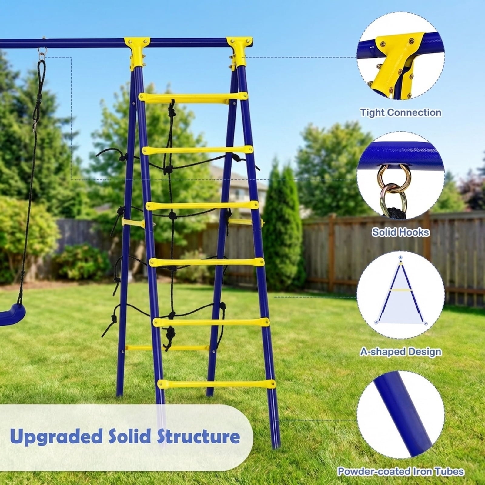 Redsmile 5-In-1 Outdoor Kids Swing Set with A-Shaped Metal Frame and Ground Stake - Blue - Backyard Play