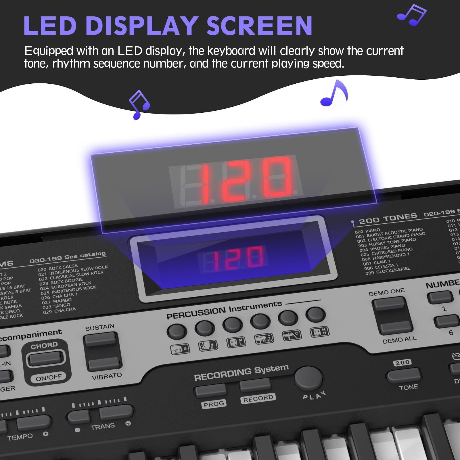 Redsmile 61-Key Electric Keyboard Piano Beginners Piano Keyboard with LCD Display and 3 Learning Modes