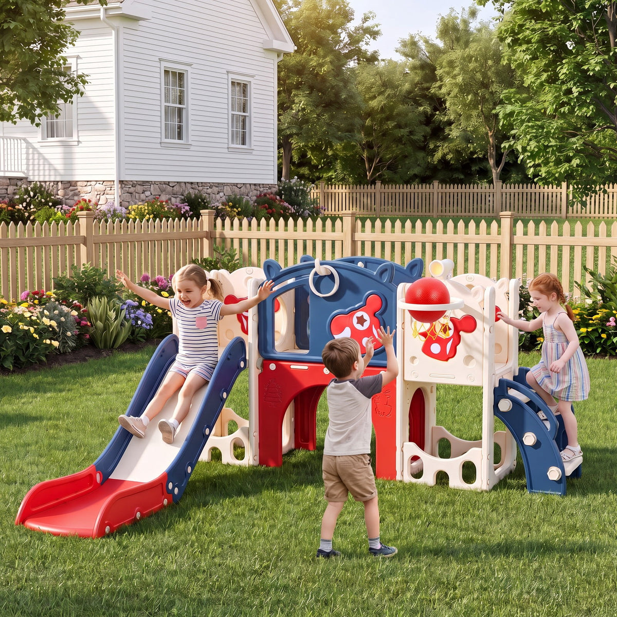 Redsmile Kids Slide and Climber Playset with Basketball Hoop, Telescope, Golf, Drawing Board and Ring Toss Activities
