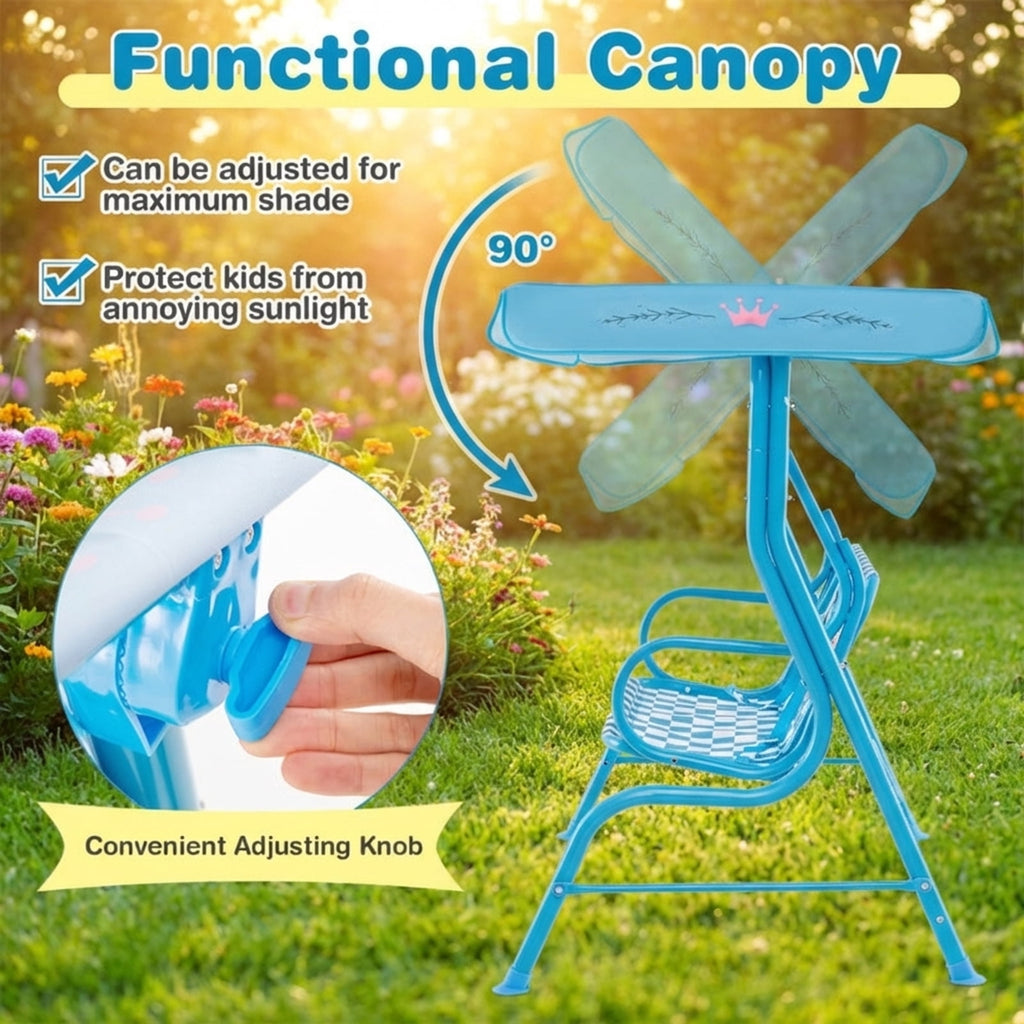Redsmile 2-Seater Kids Patio Swing with Metal Stand and Adjustable Canopy - Navy Blue - Backyard Play