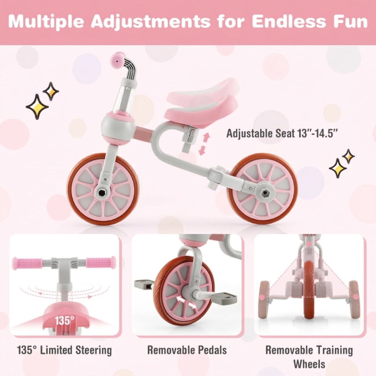 Redsmile Kids Tricycle 4-in-1 Trike Bike for Toddlers Ages 2-4 with Adjustable Parent Push Handle and Seat Height, Carbon Steel Frame Holds 66 lbs, Pink