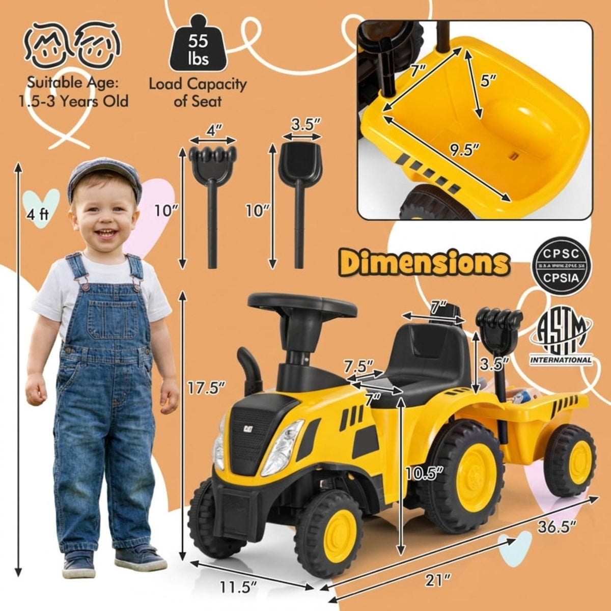 Redsmile Kids Ride On Tractor Push Foot-to-Floor Toddler Ride On Toy for Ages 1.5-3, Caterpillar-Styled with Detachable Trailer, Rake and Shovel, Holds 55 lbs, Yellow