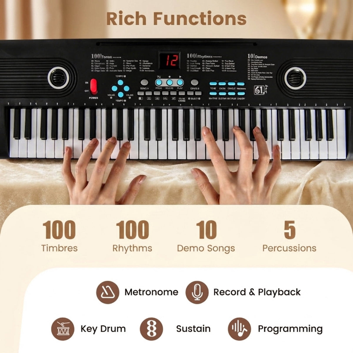 Redsmile 61-Key Portable Electronic Piano Keyboard with Microphone and Carry Bag for Beginners to Play and Travel Light, Black