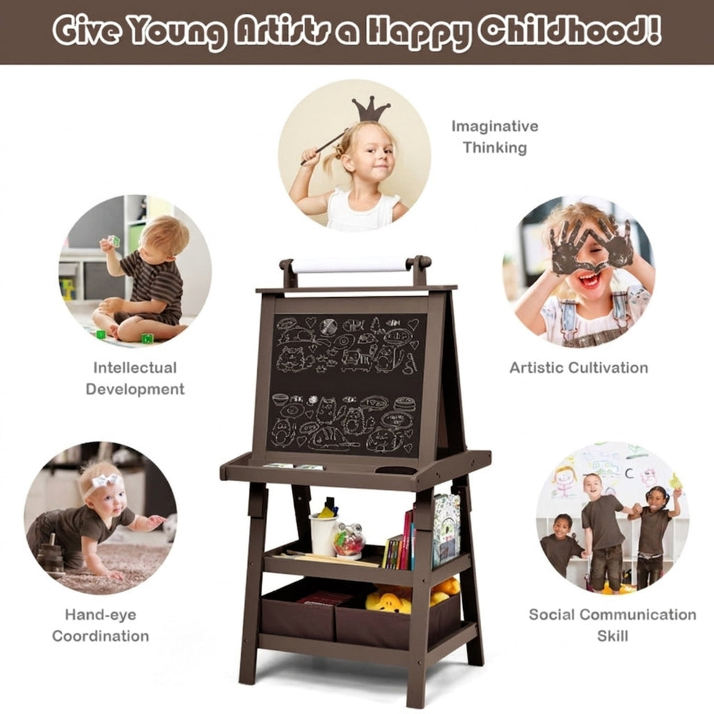 Redsmile 3-in-1 Kids Art Easel for Toddlers 3+ Years, Double-Sided Standing Easel with Whiteboard, Chalkboard and Paper Roll, Storage Shelves, Fabric Bins and Paint Cups, Christmas Gift, Brown