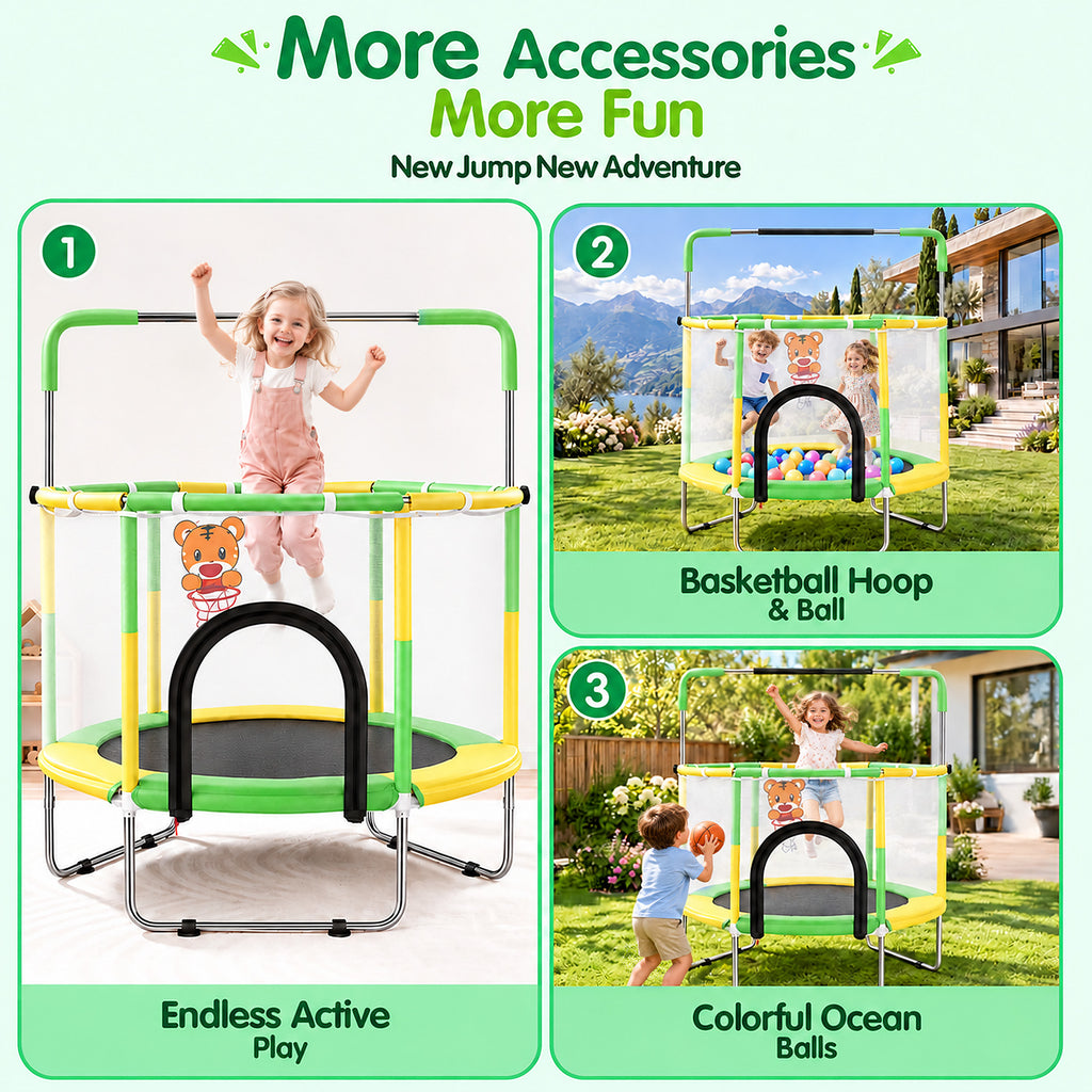Redsmile 55 Inch Trampoline for Kids with Safety Net, 3-Level Adjustable Height, 500lb Capacity Indoor and Outdoor Jumper with Basketball Hoop for Boys and Girls, Green