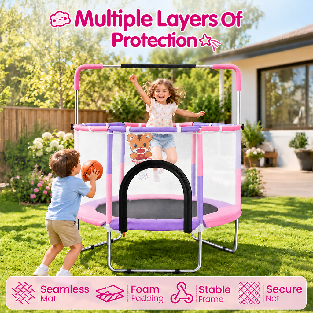 Redsmile 55 Inch Trampoline for Kids with Safety Net, 3-Level Adjustable Height, 500lb Capacity Indoor and Outdoor Jumper with Basketball Hoop for Boys and Girls, Pink