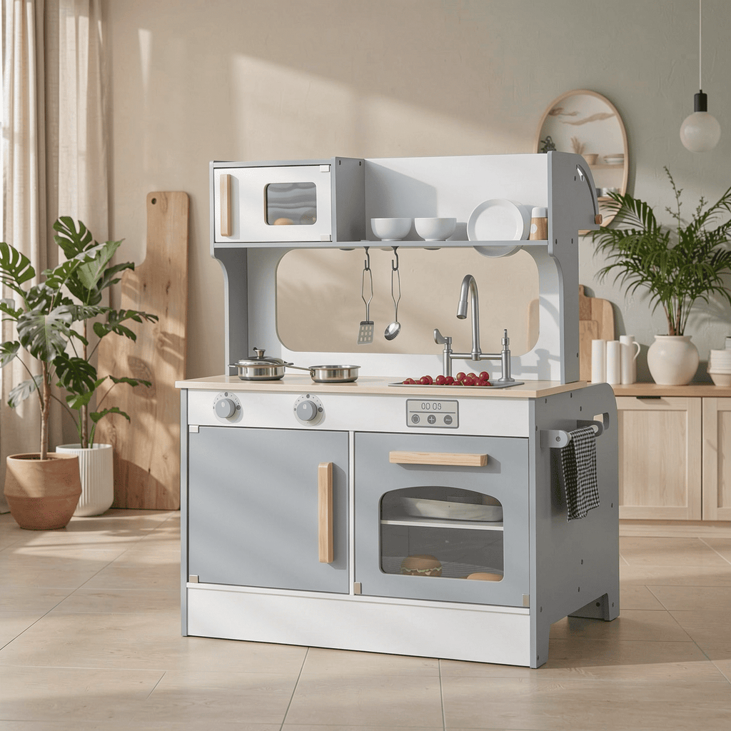 Redsmile Double-sided Pretend Play Kitchen,Wooden Kids Kitchen Playset with 2-Seat Cafe,Microwave,Oven,with Realistic Lights and Sounds,Gift for Girls Boys Ages 3-10,Gray
