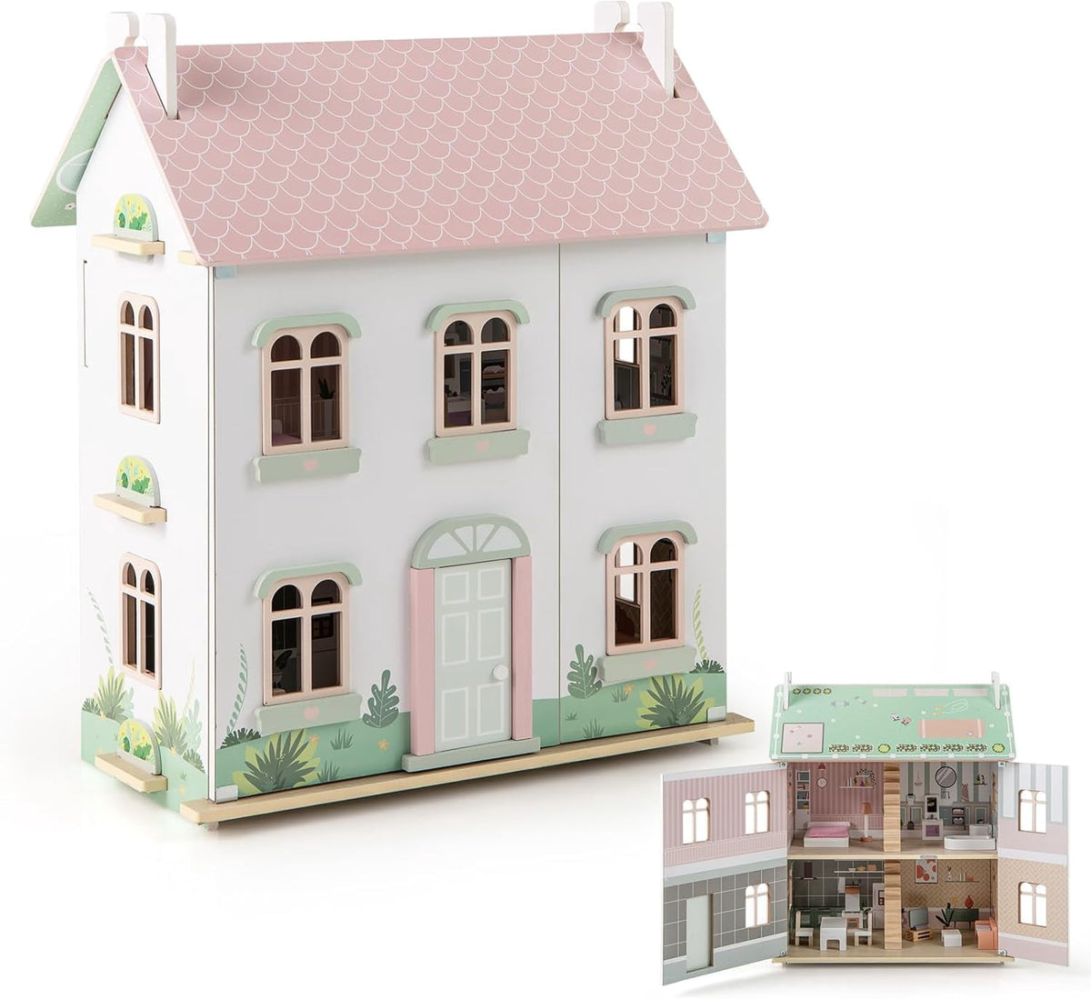 Redsmile Wooden Dollhouse with warm LED Lights, 3-Story Pretend Play Doll House with 16 Furniture and Accessories, DIY Princess Playhouse, Creative Gift for Girls