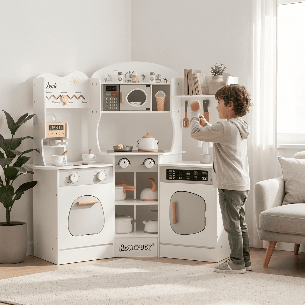 Redsmile Play Kitchen,Wooden Kids Corner Kitchen Playset with Coffee Maker and Slide,Pretend Play Toy with Realistic Lights and Sounds,Gift for Boys Girls Age 3-10,White