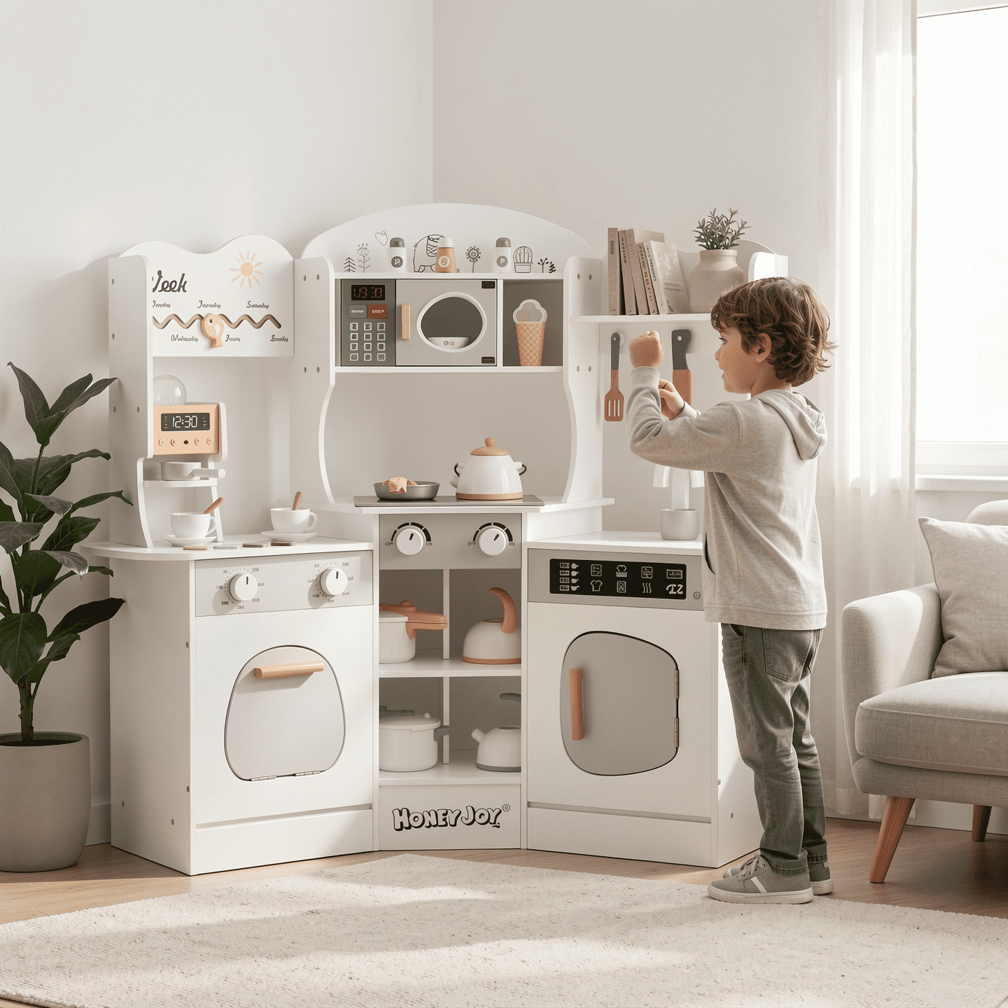 Redsmile Play Kitchen,Wooden Kids Corner Kitchen Playset with Coffee Maker and Slide,Pretend Play Toy with Realistic Lights and Sounds,Gift for Boys Girls Age 3-10,White
