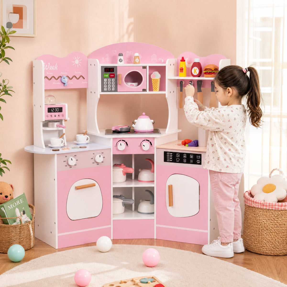 Redsmile Corner Wooden Play Kitchen Set for Kids 3+ Years, Pretend Play Kitchen with Coffee Machine, Slide, Light-Up Microwave, Stoves, Washing Machine and 20 Accessories, Pink