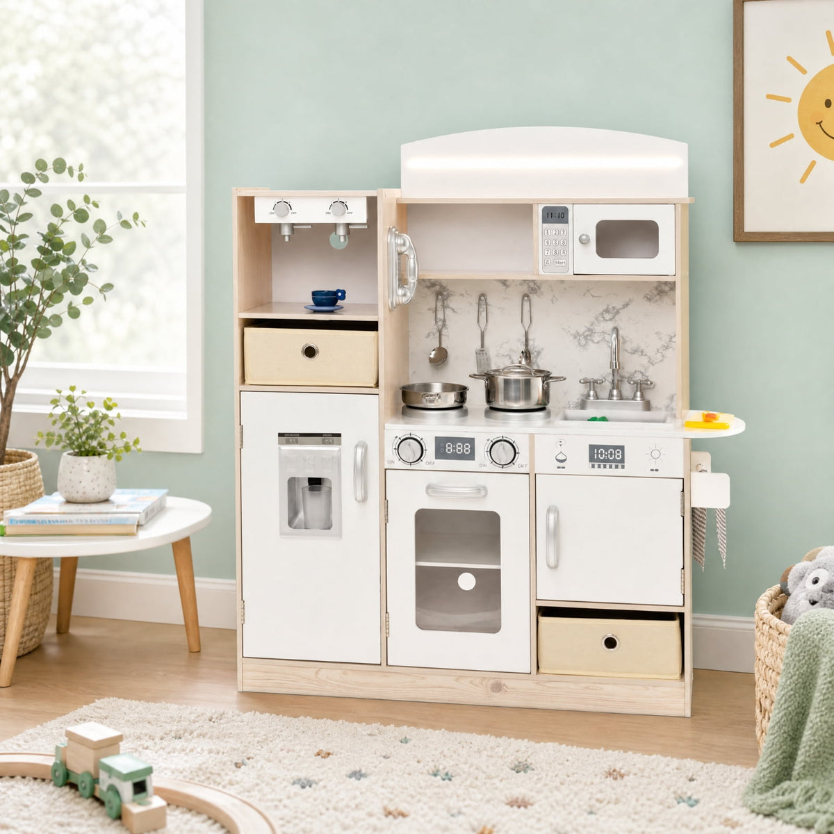 Redsmile Kids Play Kitchen Set for Toddlers 3+ Years, Pretend Play Kitchen Playset with Remote-Adjustable LED Lights, Working Coffee Maker, Ice Maker, Removable Fabric Bins and Sink, White
