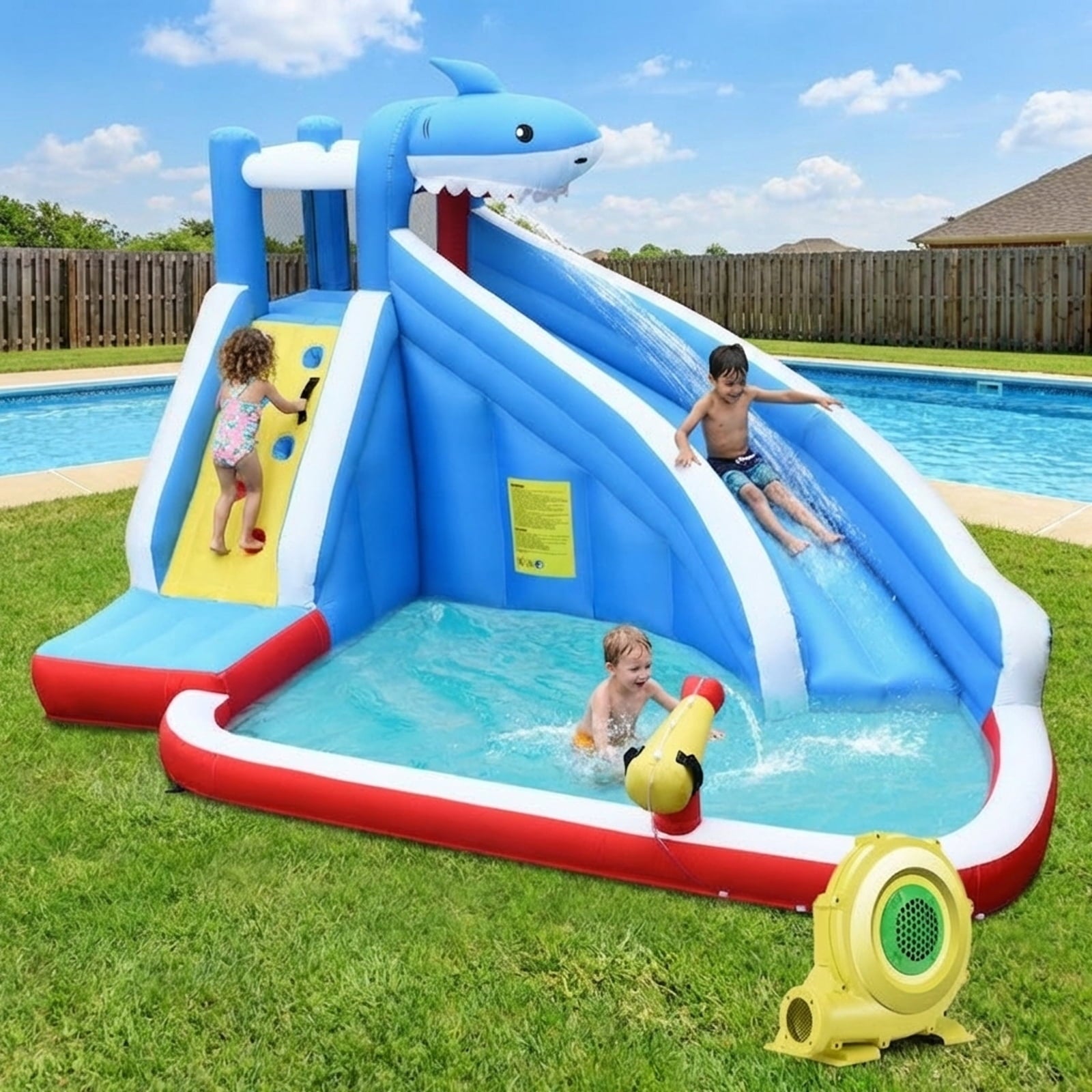 Redsmile 4-in-1 Inflatable Water Slide Park with Splash Pool Climbing Wall Water Cannon for Kids Aged 4-12 Outdoor Backyard Water Play - Multicolor