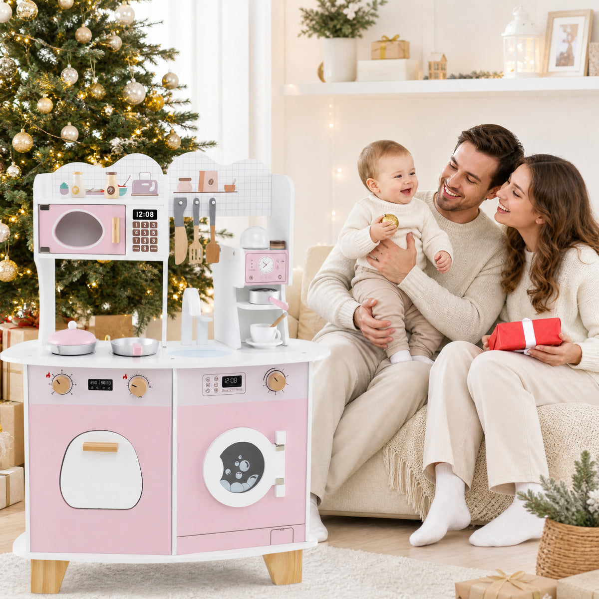 Redsmile Wooden Kids Kitchen Playset for Toddlers 3+ Years, Pretend Play Kitchen with Coffee Maker, Microwave, Oven, Stove, Sink and Washing Machine, Click-Sound Knobs, Christmas Gift, Pink
