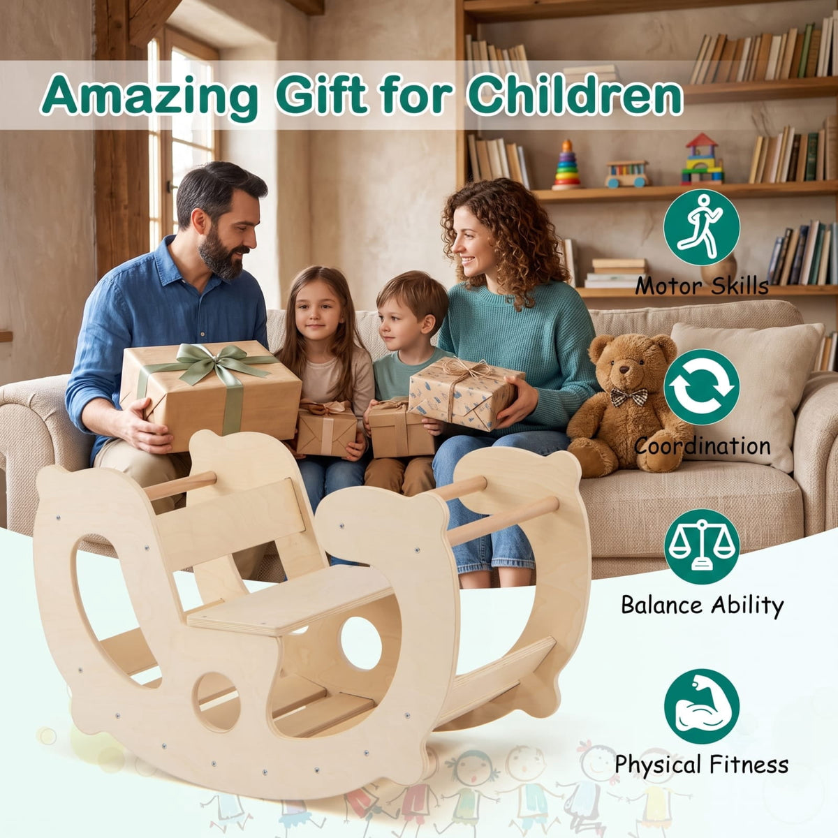 Redsmile 2-in-1 Rocking Horse Arch for Kids Montessori Climbing Toys with Arch Climber for Kids 1+ Years Old, Natural