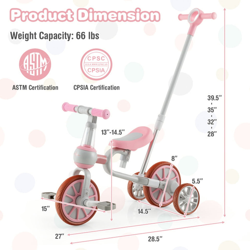 Redsmile Kids Tricycle 4-in-1 Trike Bike for Toddlers Ages 2-4 with Adjustable Parent Push Handle and Seat Height, Carbon Steel Frame Holds 66 lbs, Pink