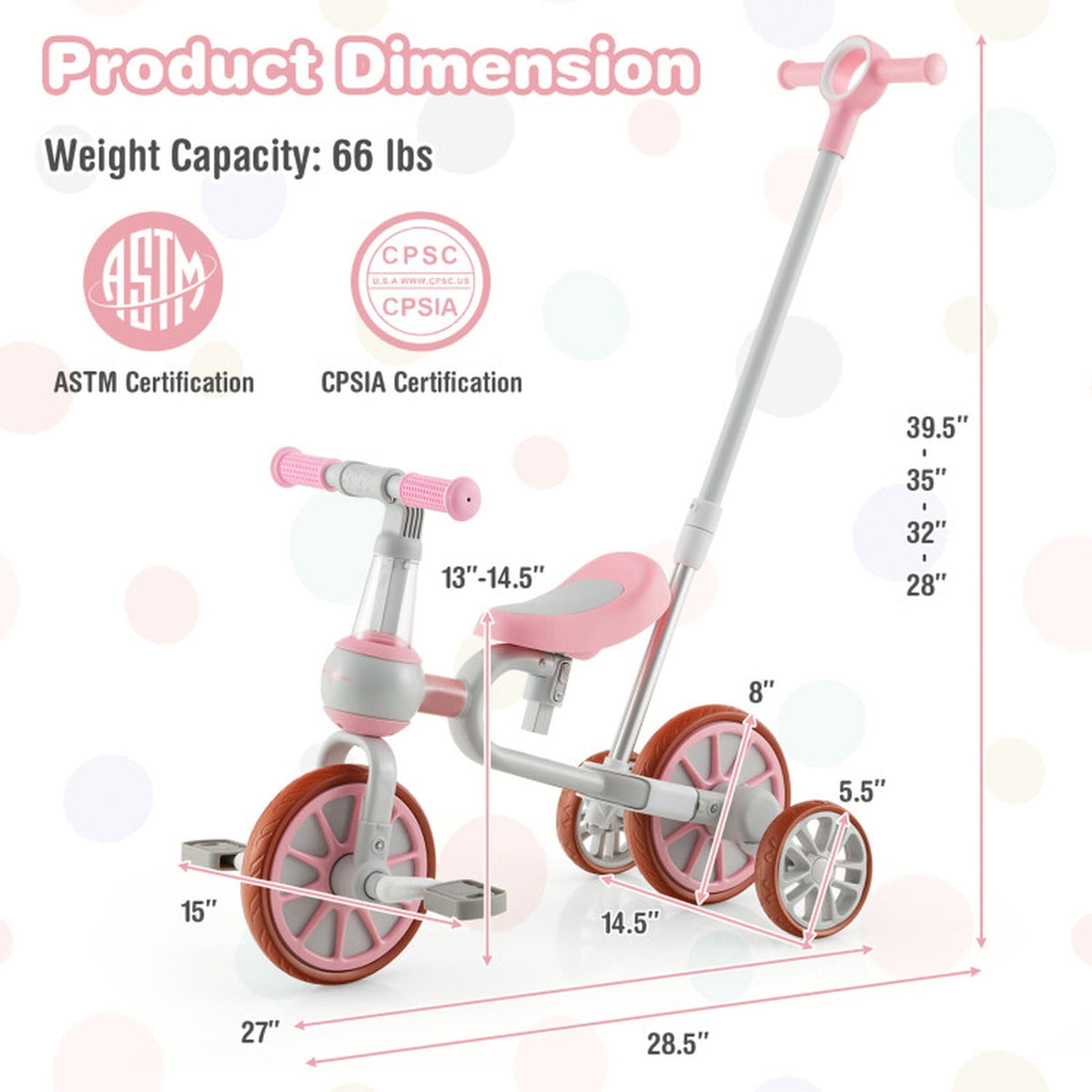 Redsmile Kids Tricycle 4-in-1 Trike Bike for Toddlers Ages 2-4 with Adjustable Parent Push Handle and Seat Height, Carbon Steel Frame Holds 66 lbs, Pink