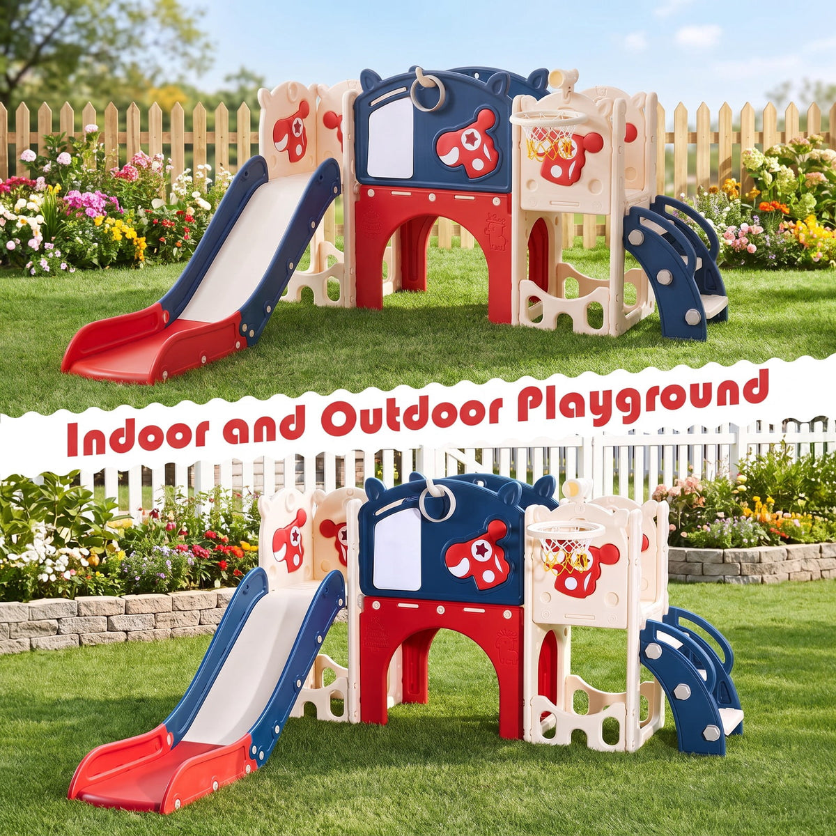 Redsmile Kids Slide and Climber Playset with Basketball Hoop, Telescope, Golf, Drawing Board and Ring Toss Activities