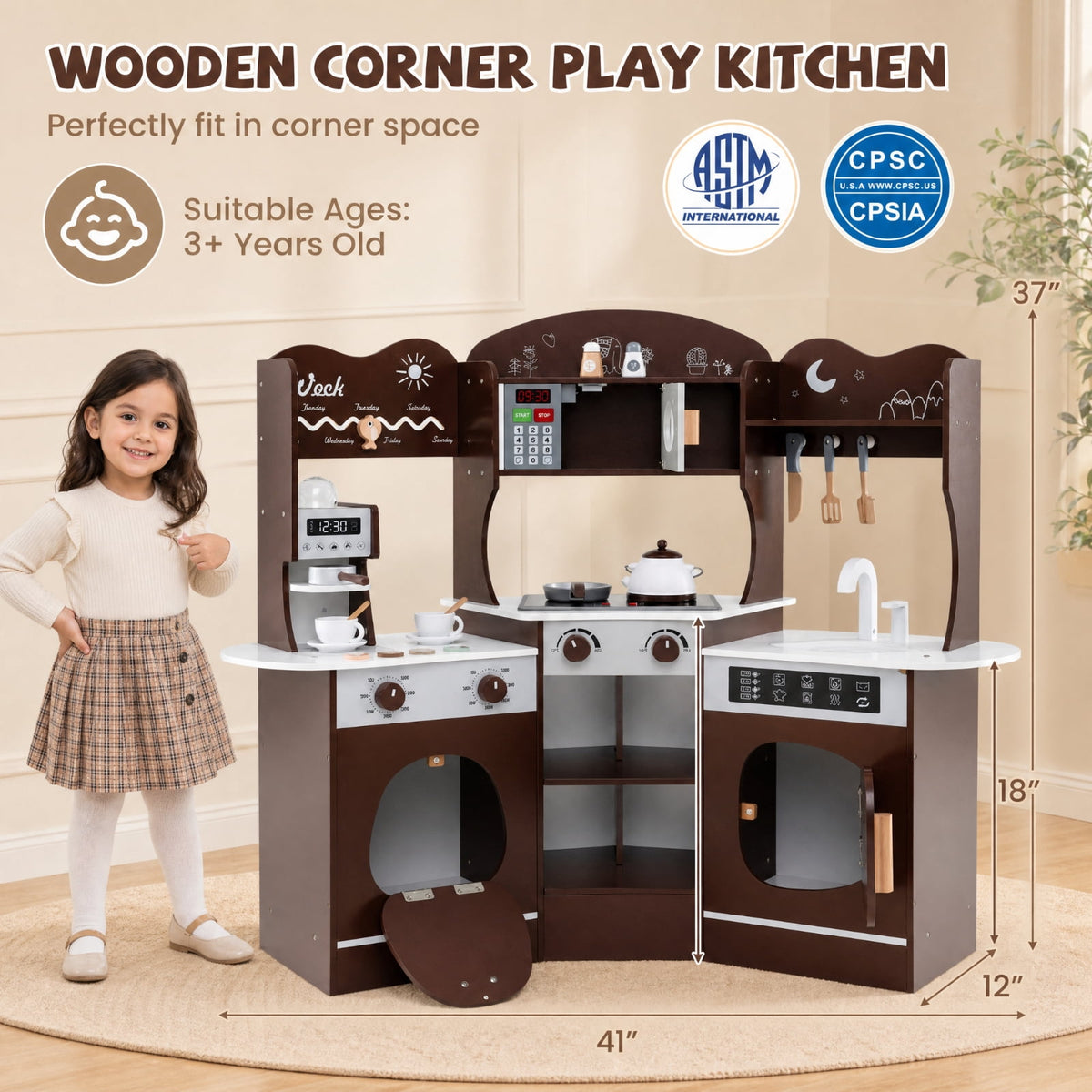 Redsmile Corner Wooden Play Kitchen Set for Kids 3+ Years, Pretend Play Kitchen with Coffee Machine, Slide, Light-Up Microwave, Stoves, Washing Machine and 20 Accessories, Brown