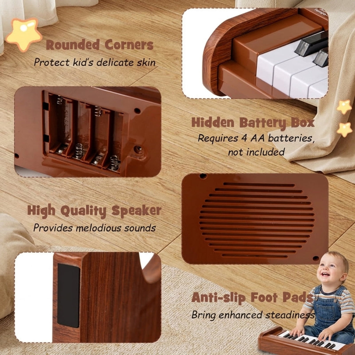 Redsmile 25-Key Kids Piano Keyboard with Adjustable Speed and Record Function for Kids Age 3 and Up to Learn Their First Songs, Brown