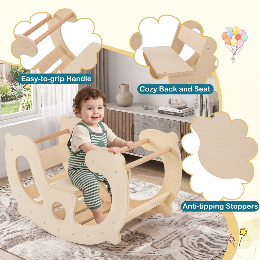 Redsmile 2-in-1 Rocking Horse Arch for Kids Montessori Climbing Toys with Arch Climber for Kids 1+ Years Old, Natural