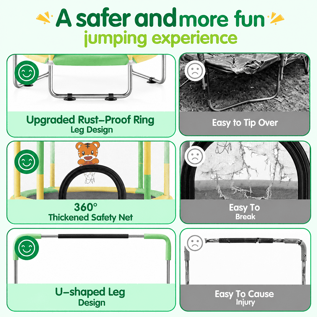 Redsmile 55 Inch Trampoline for Kids with Safety Net, 3-Level Adjustable Height, 500lb Capacity Indoor and Outdoor Jumper with Basketball Hoop for Boys and Girls, Green