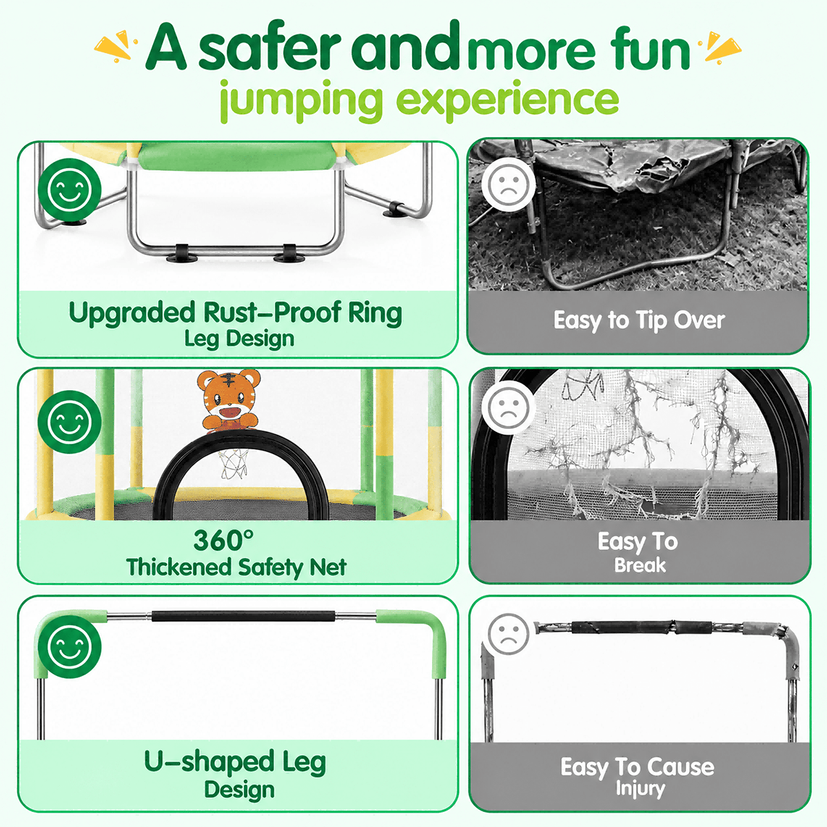 Redsmile 55 Inch Trampoline for Kids with Safety Net, 3-Level Adjustable Height, 500lb Capacity Indoor and Outdoor Jumper with Basketball Hoop for Boys and Girls, Green