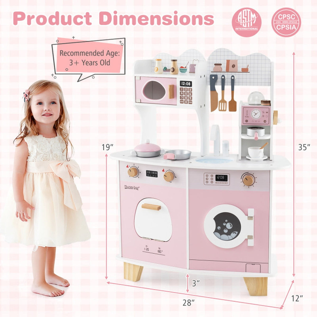 Redsmile Wooden Kids Kitchen Playset for Toddlers 3+ Years, Pretend Play Kitchen with Coffee Maker, Microwave, Oven, Stove, Sink and Washing Machine, Click-Sound Knobs, Christmas Gift, Pink
