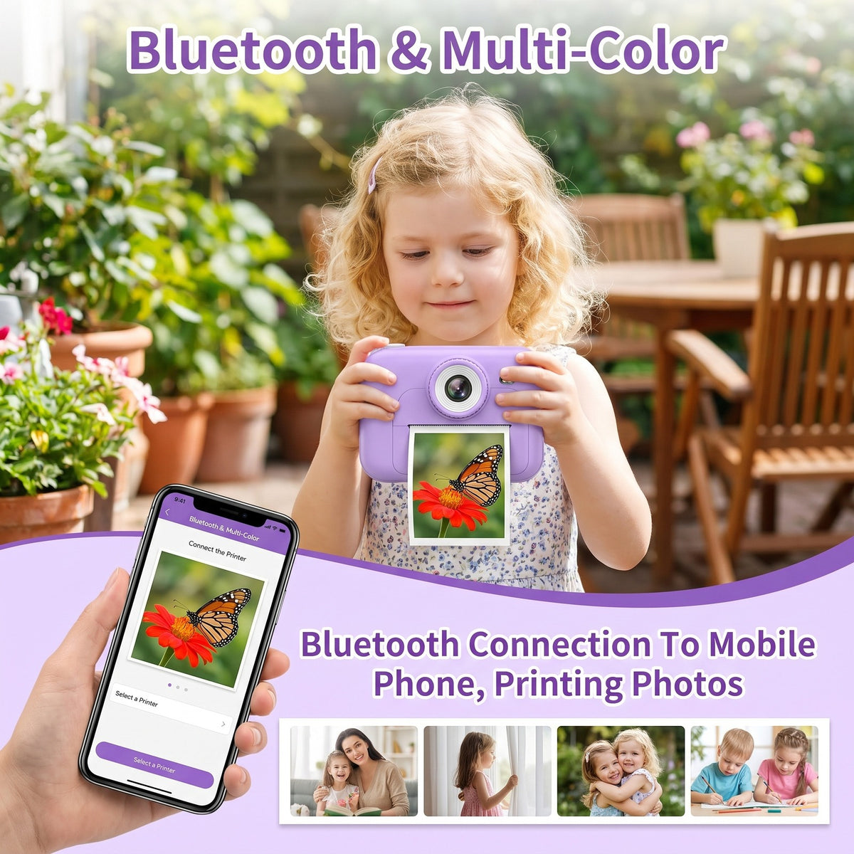 Redsmile Kids Instant Print Camera with Dual Lenses, 1080P Video, 2.4-Inch Screen, 32GB Card and USB-C Charging, Purple