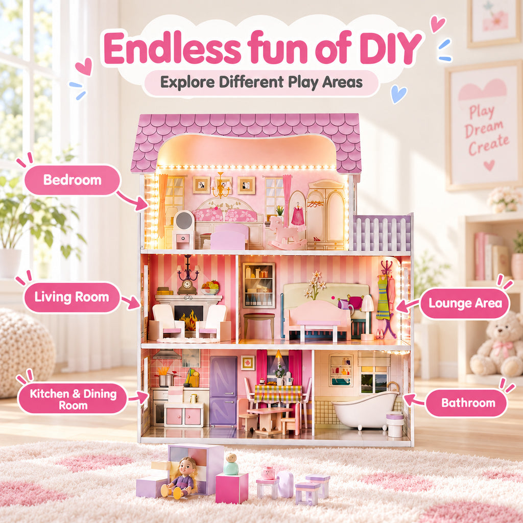 Redsmile Wooden Dollhouse with warm LED Lights, 3-Story Pretend Play Doll House with 16 Furniture and Accessories, DIY Princess Playhouse, Creative Gift for Girls