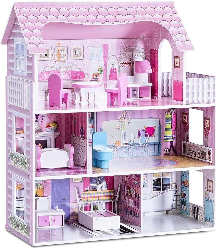 Redsmile Wooden Dollhouse with warm LED Lights, 3-Story Pretend Play Doll House with 16 Furniture and Accessories, DIY Princess Playhouse, Creative Gift for Girls