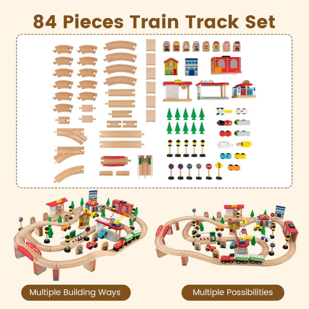 Redsmile 84-Piece Wooden Train Set with Reversible Tabletop and Storage Drawer, Train Set for Kids, Toy Train Set, Train Table with Storage for Toddlers Boys Girls, Christmas Gift, Natural