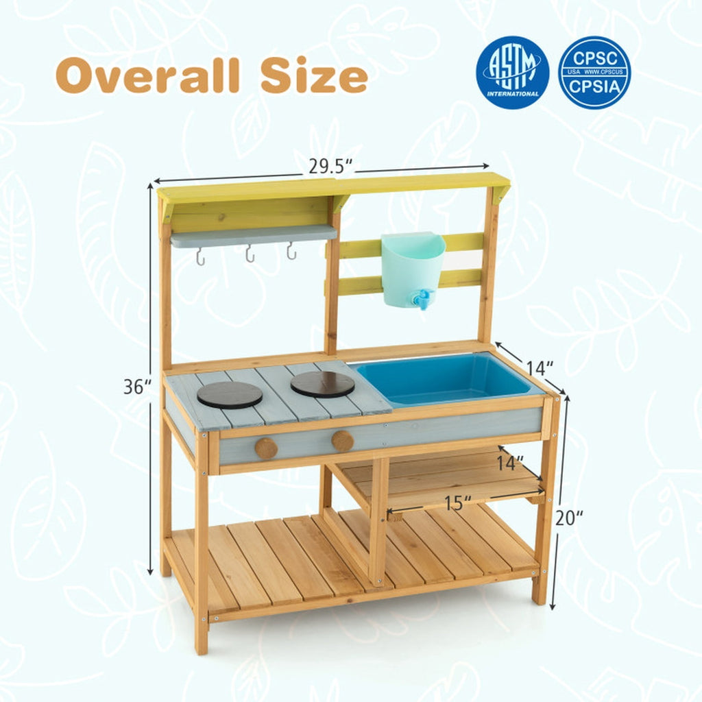 Redsmile Outdoor Mud Kitchen for Kids with Working Faucet and Water Box, Fir Wood Play Kitchen with Removable Sink Stovetop Storage Shelves and Hooks, Toddler Backyard Playset, Natural