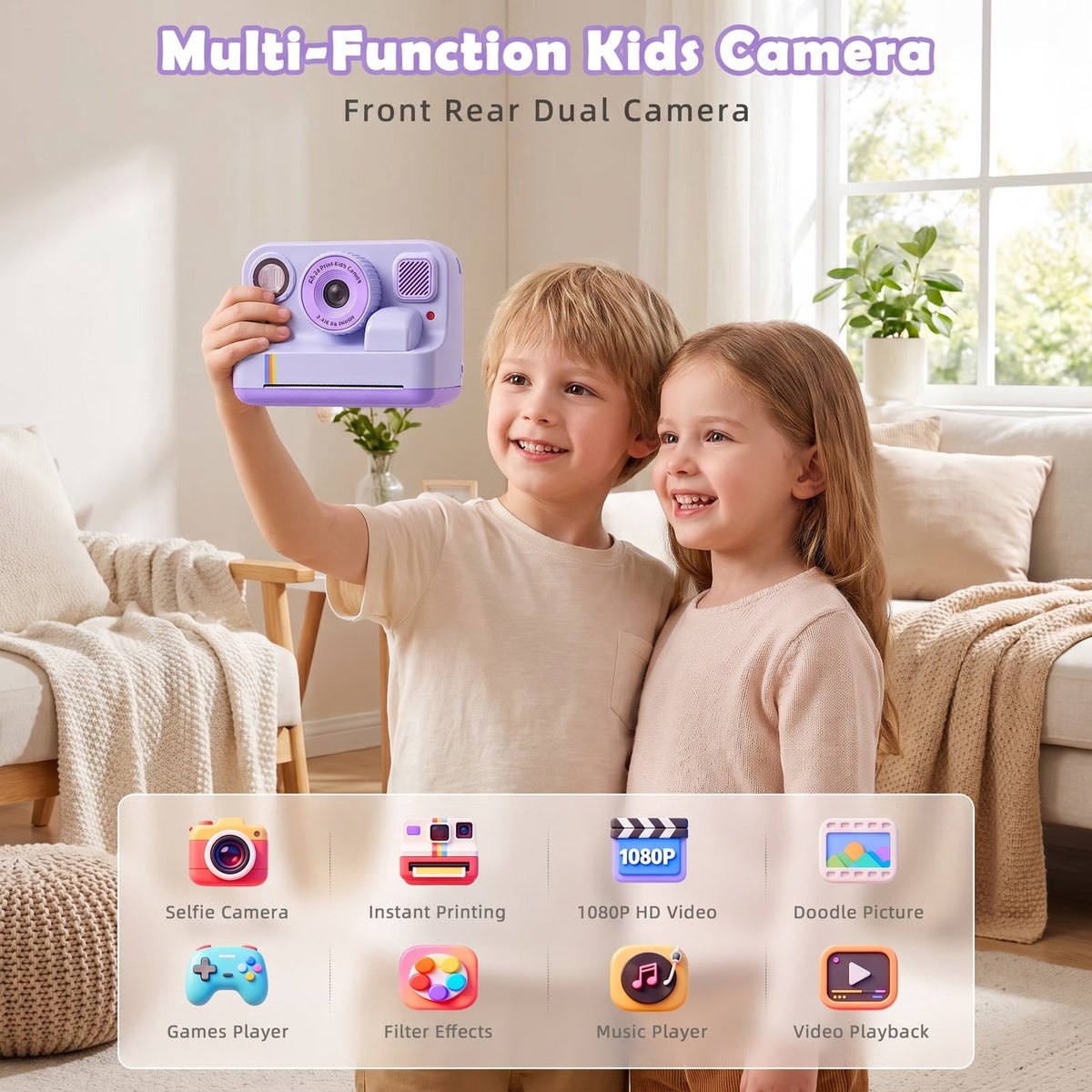 Redsmile Kids Instant Print Camera with Dual Lenses, 1080P Video, 2.4-Inch Screen, 32GB Card and USB-C Charging, Purple