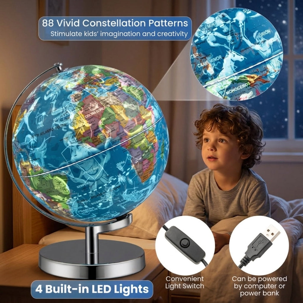 Redsmile 3-in-1 Illuminated World Globe for Kids, 9 Inch Educational Globe with Stand, 88 Constellations, Night Light and 190+ Countries, Learning Gift for Boys and Girls, Christmas Gift, Blue