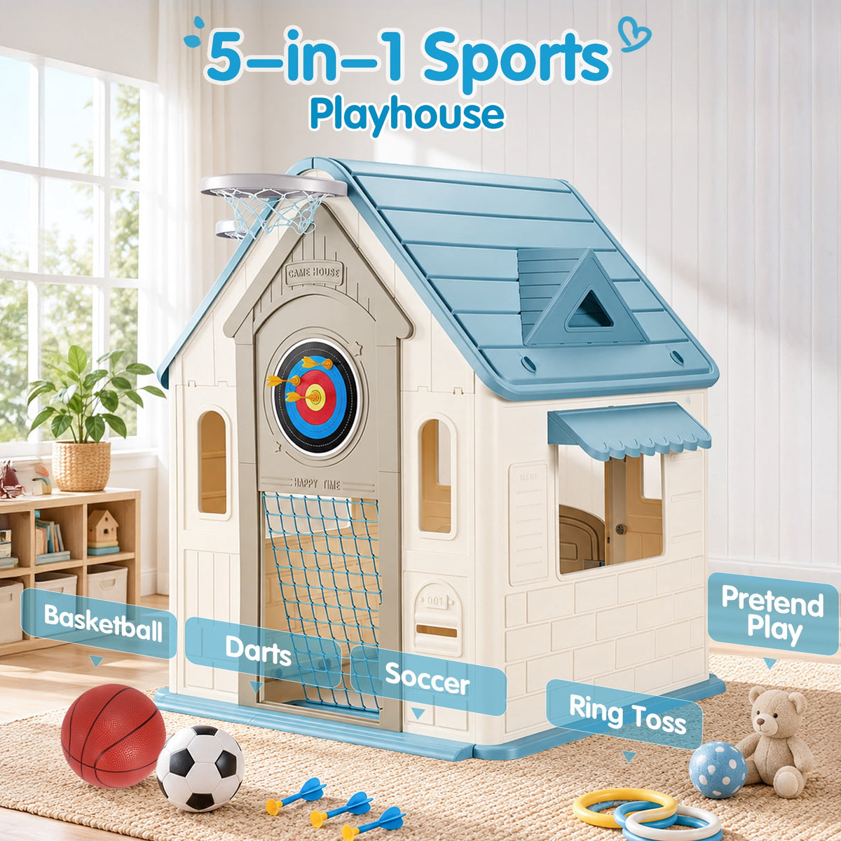 Redsmile Playhouse with Basketball Hoop,Soccer Goal,Dartboard,Ring Toss Game and DIY Stickers,Activity Center Game House for Indoor Outdoor,Gift for Girls Boys