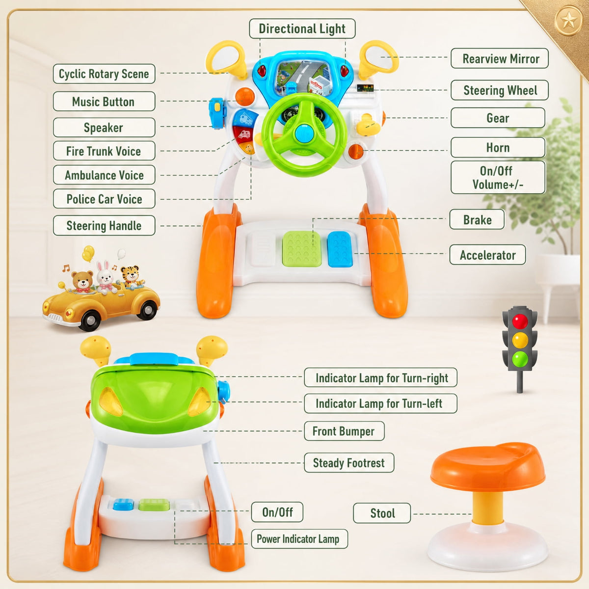 Redsmile Kids Steering Wheel Pretend Play Toy with Lights and Sounds for Toddler Boys Girls