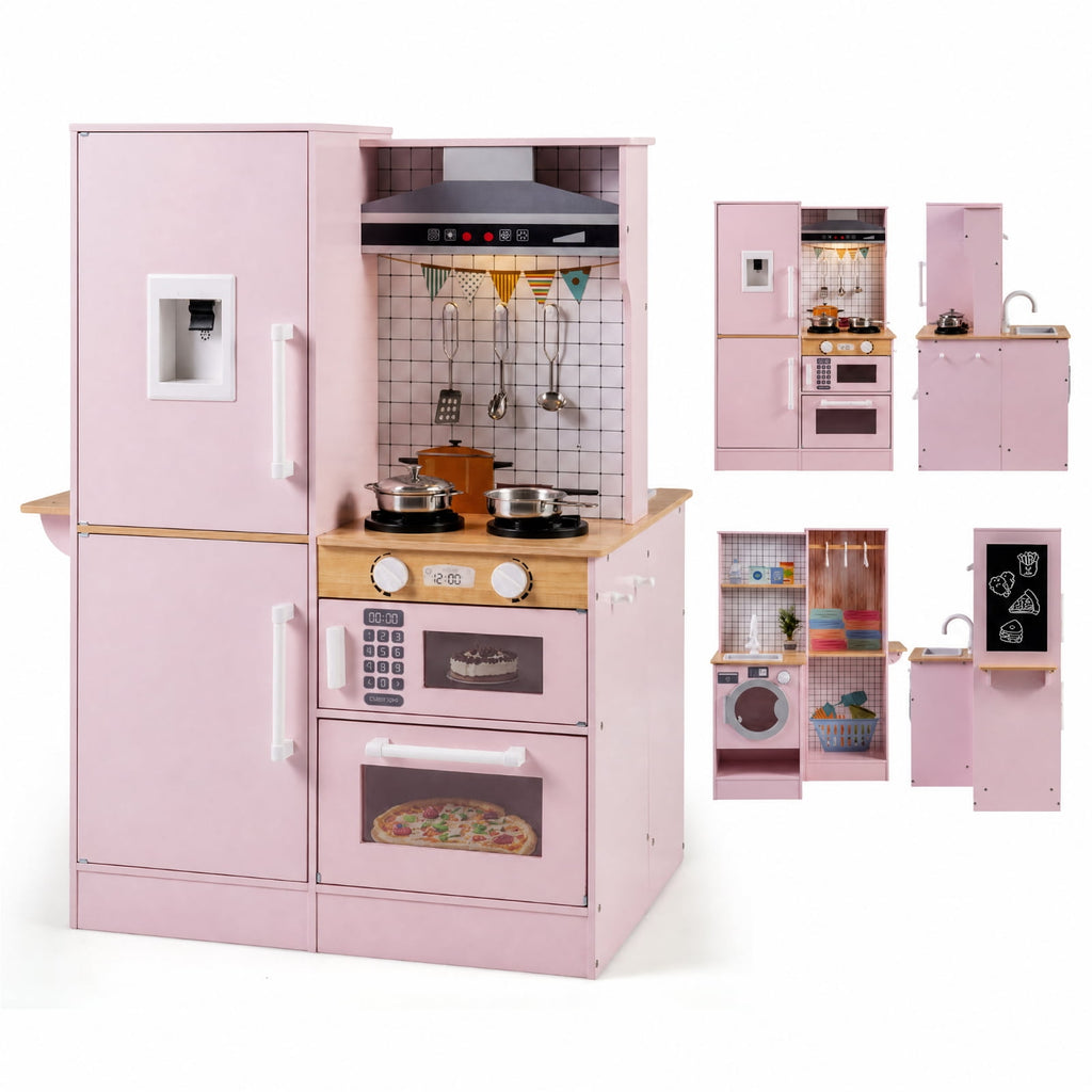 Redsmile Dual-Sided Kids Play Kitchen Set for Toddlers 3+ Years, Pretend Play Kitchen with Luminous Range Hood, Water Dispenser, Interactive Stove and Cooking Utensils, Christmas Gift, Pink