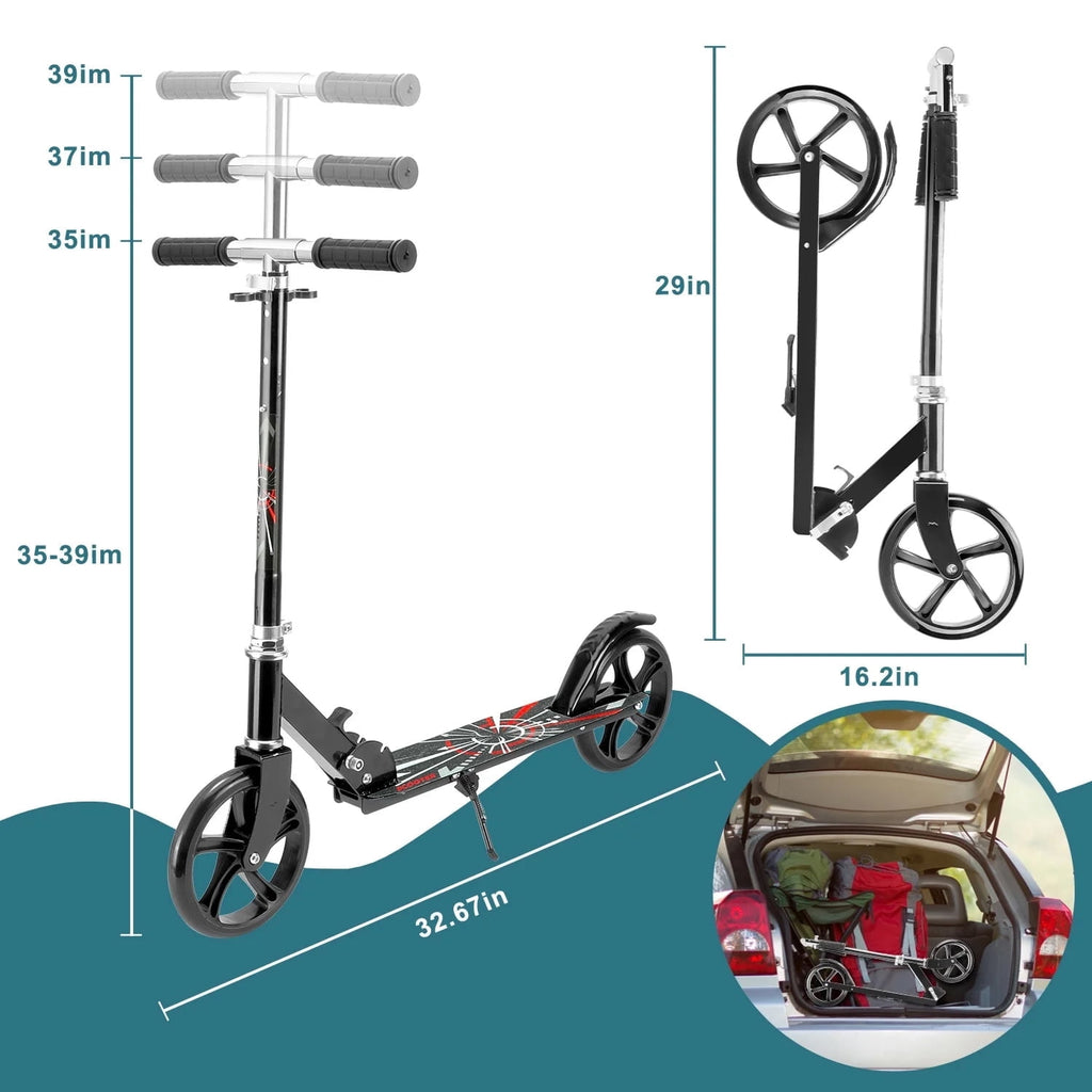 Redsmile Kick Scooter with 3 Adjustable Levels,Folding Commuter Scooter 8 Inch Big Wheels for Teens Adults,Black