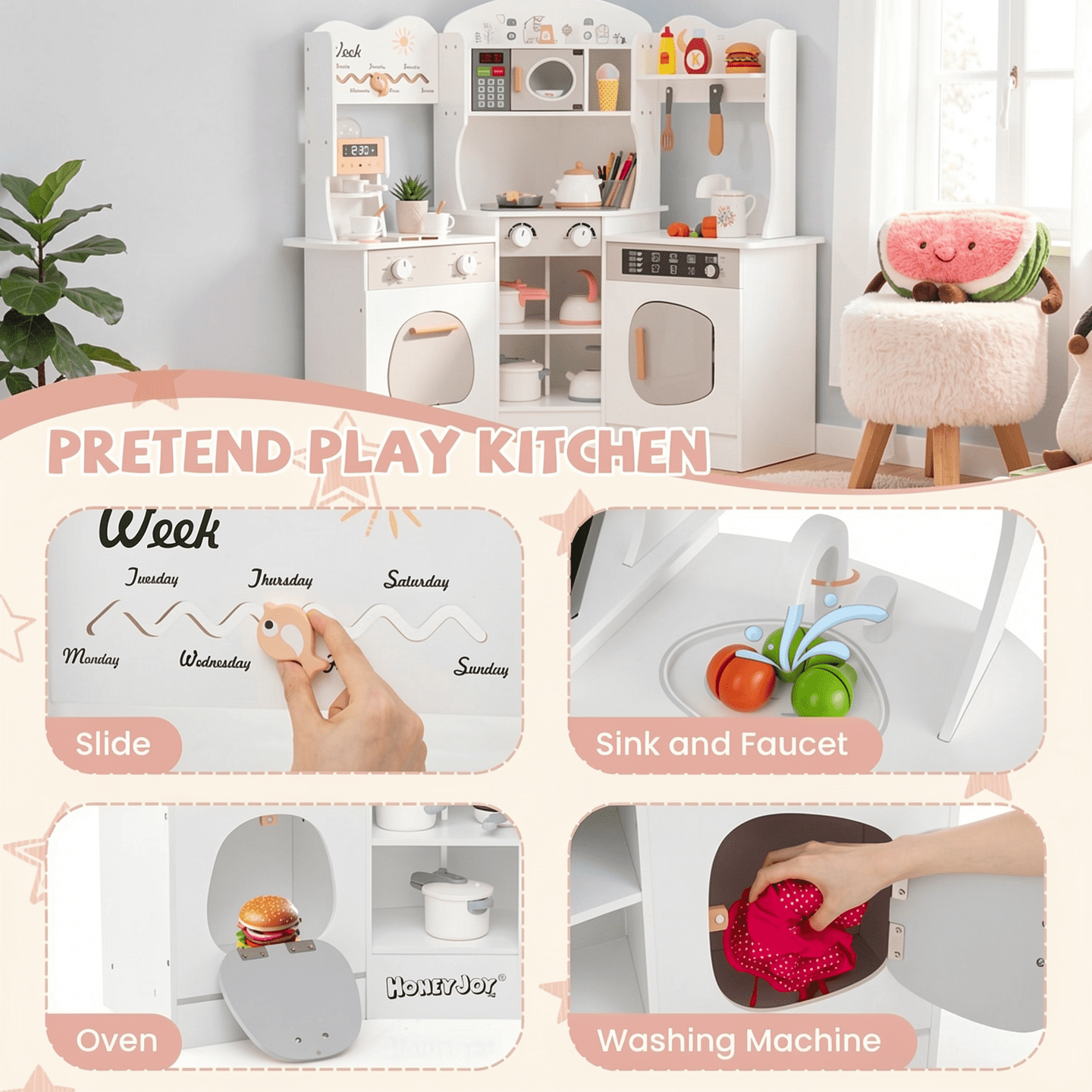 Redsmile Play Kitchen,Wooden Kids Corner Kitchen Playset with Coffee Maker and Slide,Pretend Play Toy with Realistic Lights and Sounds,Gift for Boys Girls Age 3-10,White