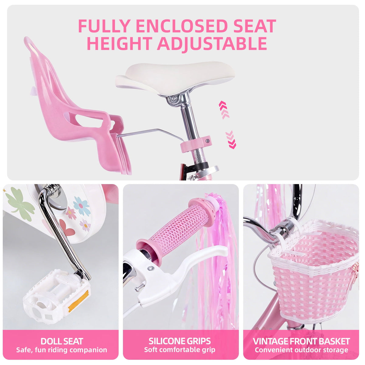 Redsmile 18 Inch Girls Bike for 5-8 Years Old Kids, Kids Bicycle with Training Wheels, Basket and Doll Seat, Pink