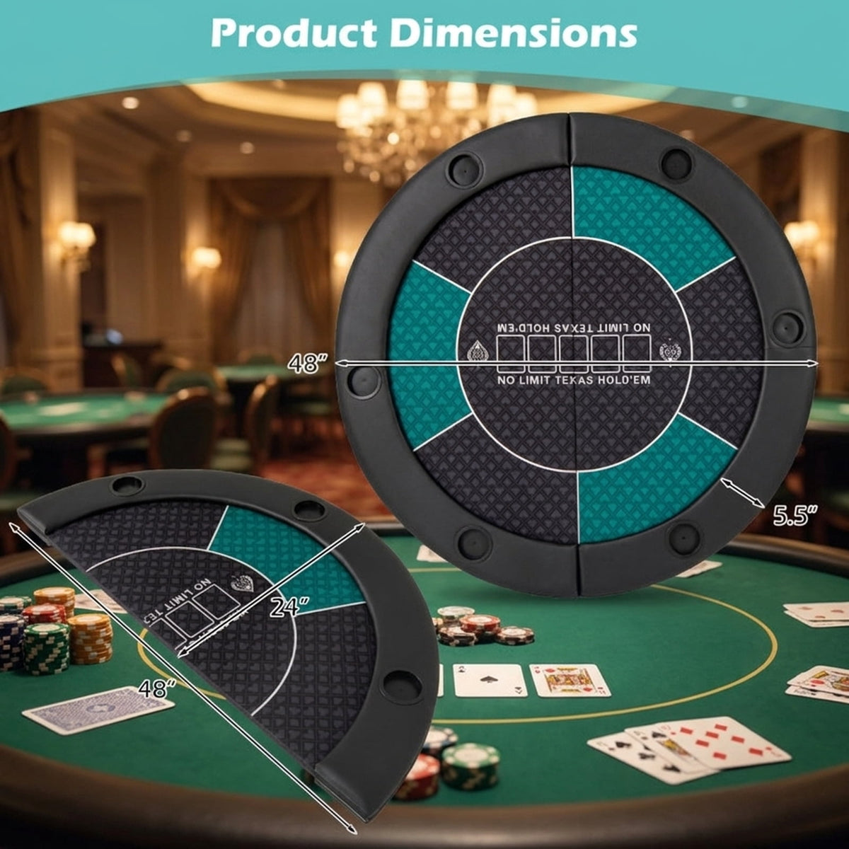 Redsmile 48 Inch 6-Player Foldable Poker Table Top, Portable Round Card Game Table Topper with 10 Cup Holders and Carrying Bag, Folding Poker Table Top for Home Party, Green