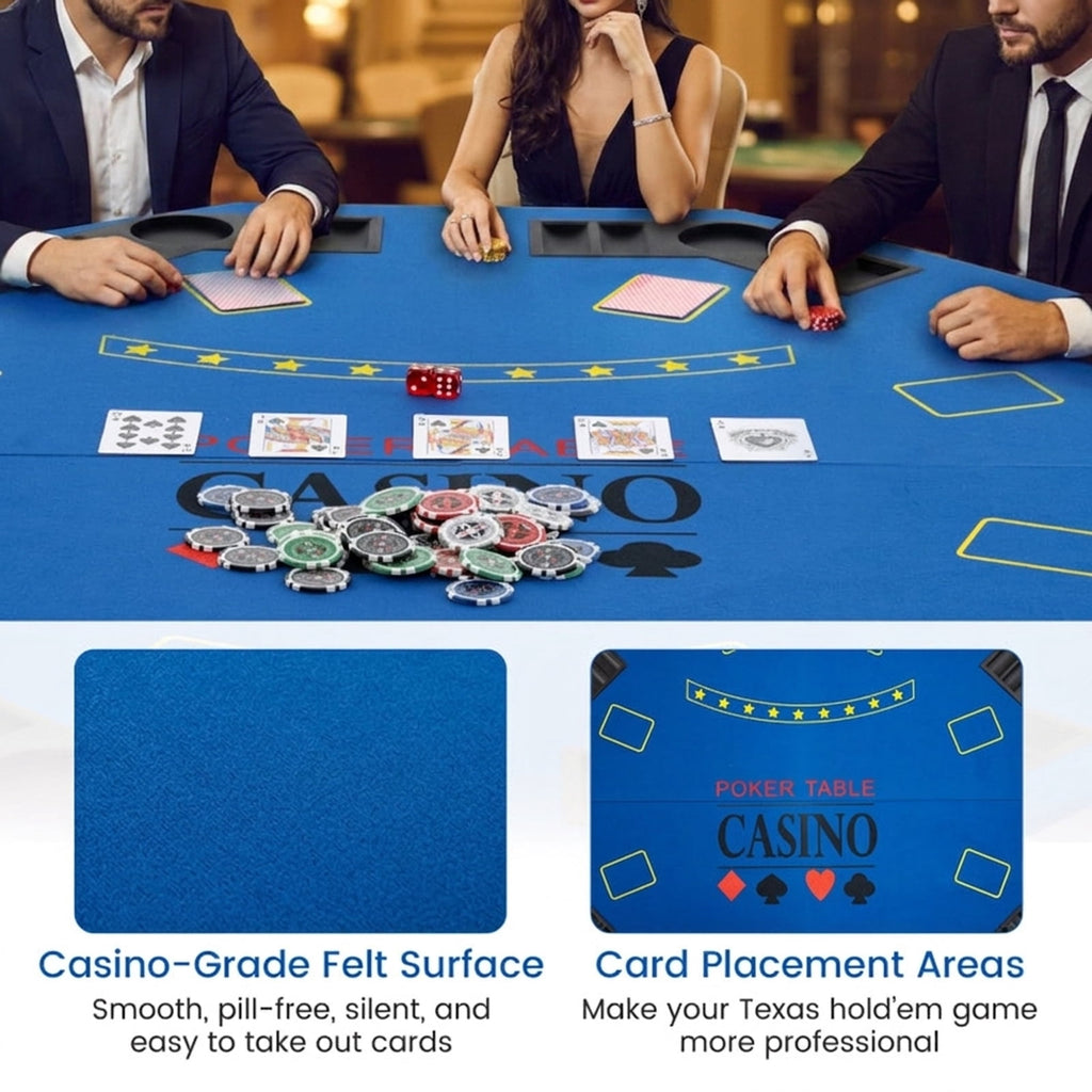 Redsmile 48 Inch 8-Player Foldable Poker Table Top with Carrying Bag, Portable Round Card Game Table Topper with 8 Cup Holders and Chip Trays for Texas Holdem Home Party, Blue