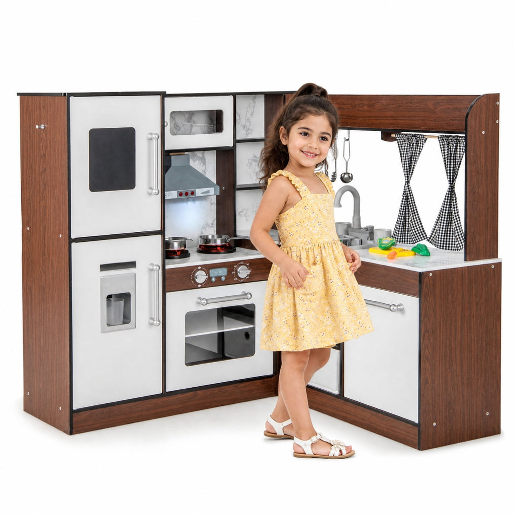 Redsmile Wooden Corner Play Kitchen Set for Toddlers 3+ Years, Pretend Play Kitchen with Water Circulation System, 360 Faucet, Sound and Light Range Hood, Ice Maker and Fabric Bins, Brown
