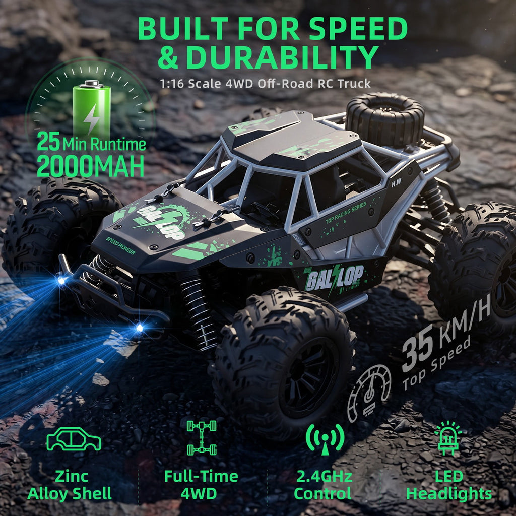 Redsmile Remote Control Car 1:16 Scale 4WD Off-Road RC Truck with 22 MPH Speed, All-Terrain Monster Truck with LED Headlights and Rechargeable Battery, Ready to Run Toy Gift for Boys and Kids