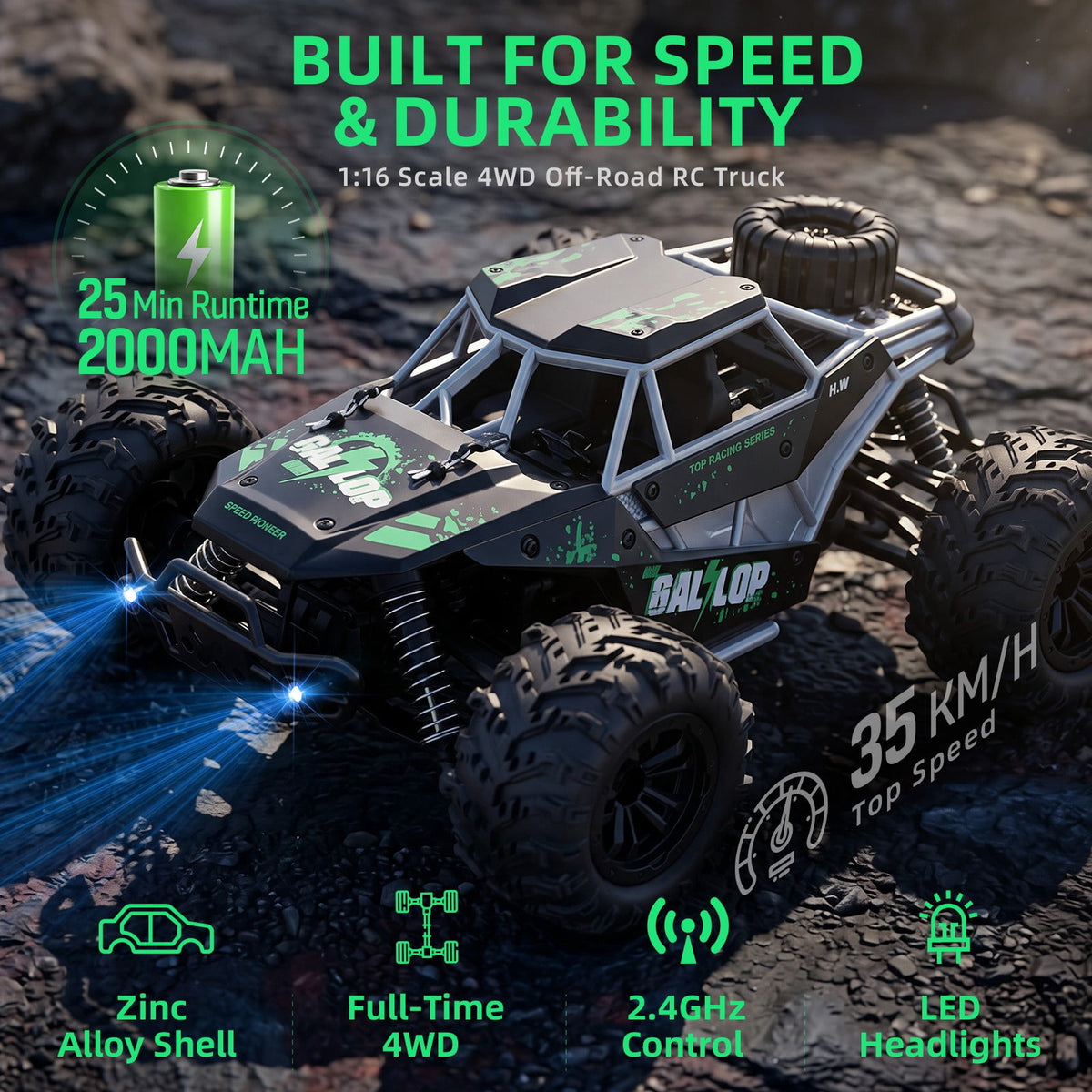 Redsmile Remote Control Car 1:16 Scale 4WD Off-Road RC Truck with 22 MPH Speed, All-Terrain Monster Truck with LED Headlights and Rechargeable Battery, Ready to Run Toy Gift for Boys and Kids