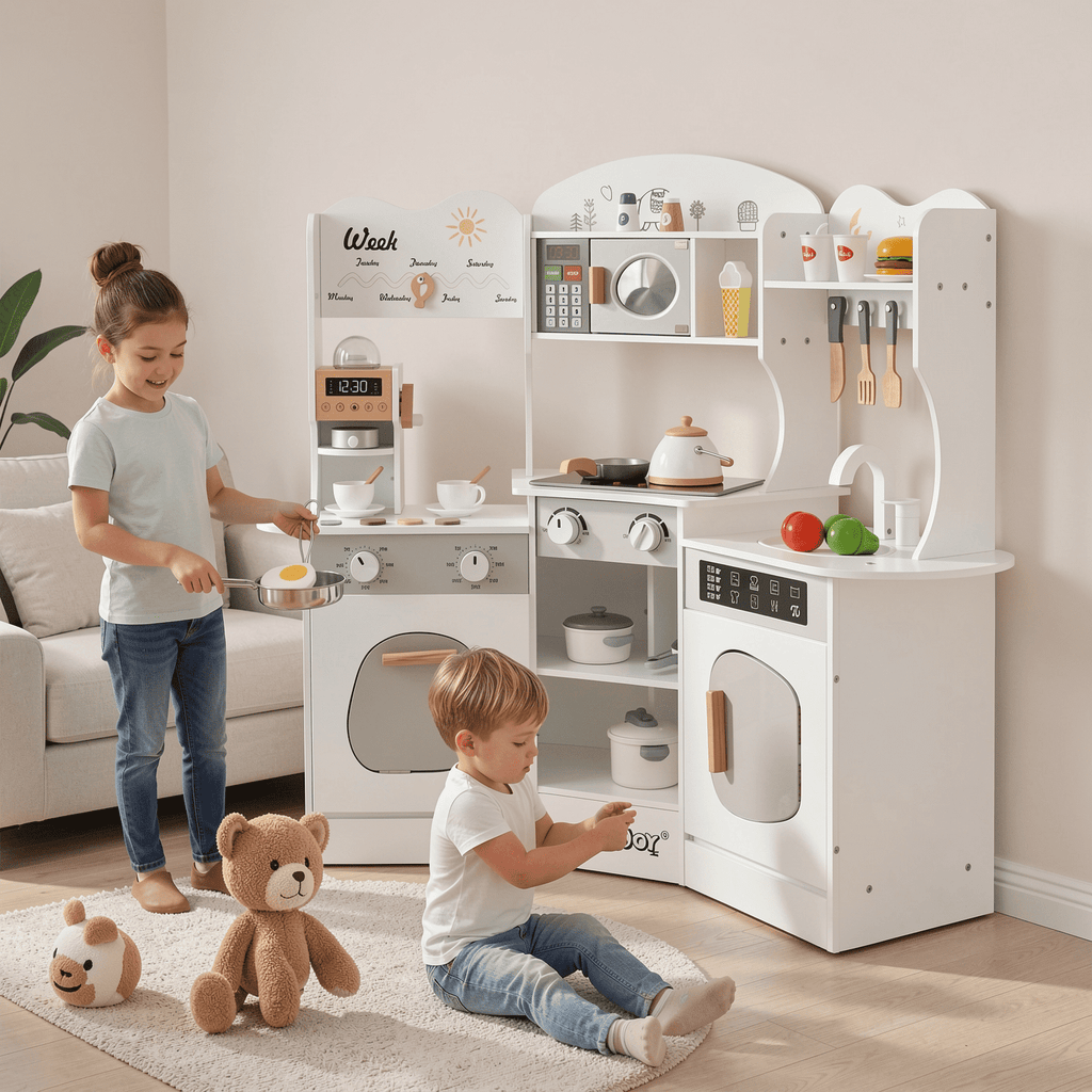 Redsmile Play Kitchen,Wooden Kids Corner Kitchen Playset with Coffee Maker and Slide,Pretend Play Toy with Realistic Lights and Sounds,Gift for Boys Girls Age 3-10,White