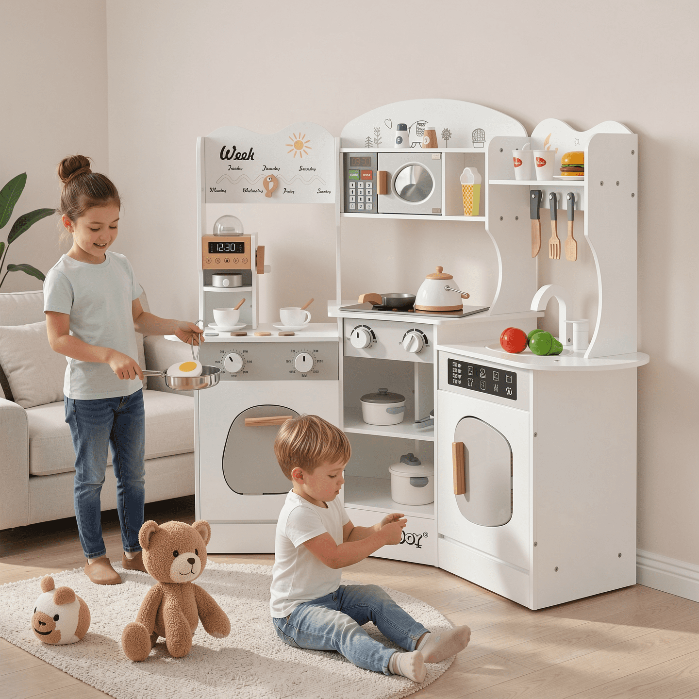 Redsmile Play Kitchen,Wooden Kids Corner Kitchen Playset with Coffee Maker and Slide,Pretend Play Toy with Realistic Lights and Sounds,Gift for Boys Girls Age 3-10,White