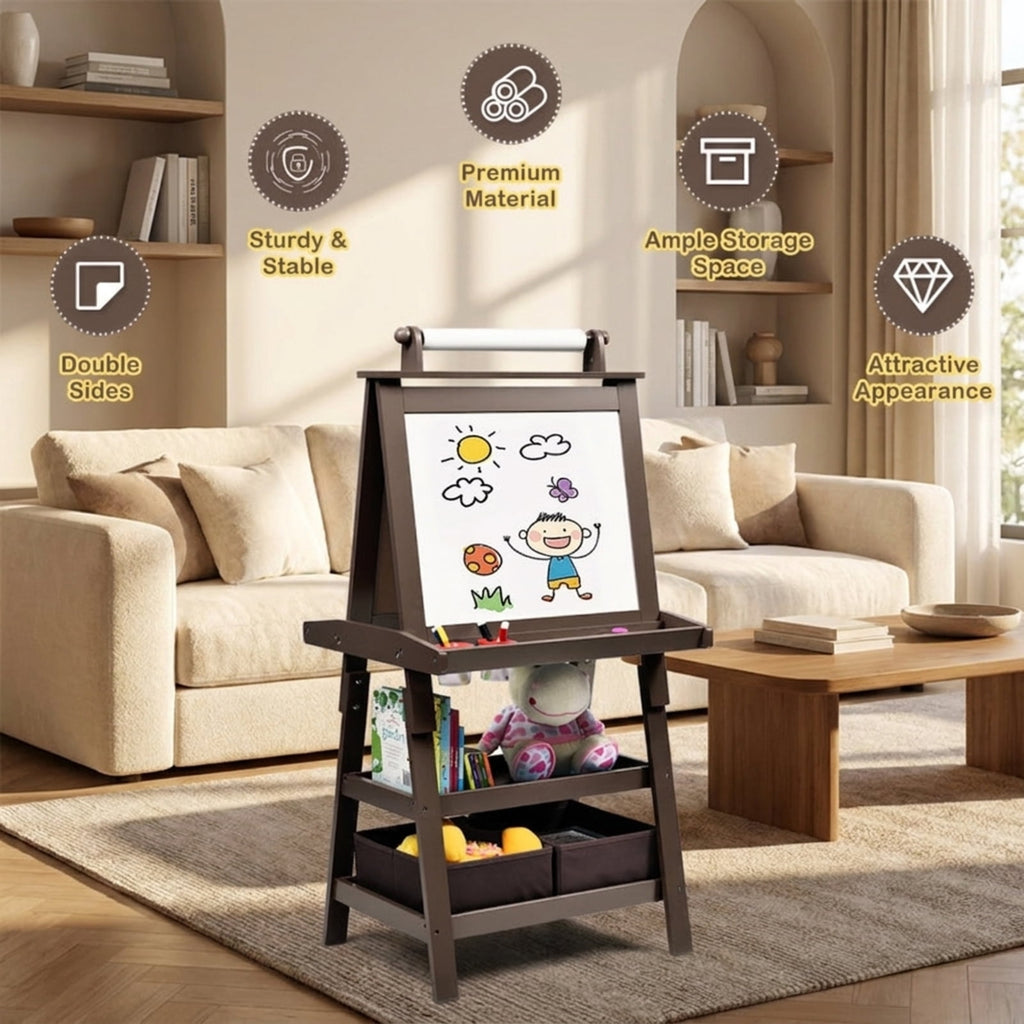 Redsmile 3-in-1 Kids Art Easel for Toddlers 3+ Years, Double-Sided Standing Easel with Whiteboard, Chalkboard and Paper Roll, Storage Shelves, Fabric Bins and Paint Cups, Christmas Gift, Brown