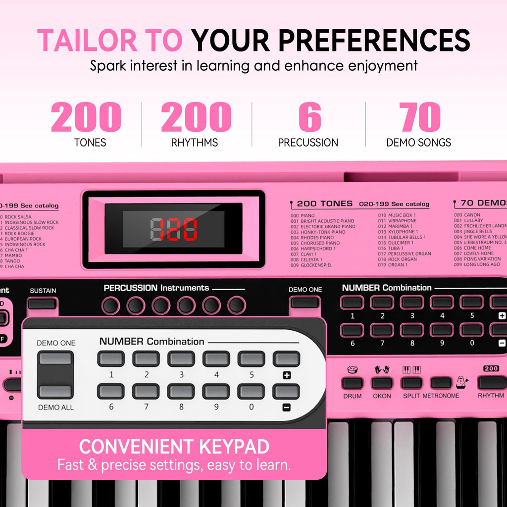 Redsmile 61-Key Piano Keyboard with Lighted Keys, Stand, Bench, Microphone, Headphone, Electronic Keyboard Piano Set, Pink